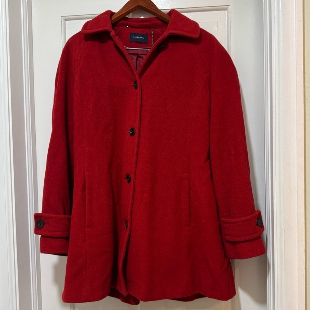 Lands' End Swing Coat Wool Cashmere Red Lined 18W 1X Overcoat Quiet Luxury Warm